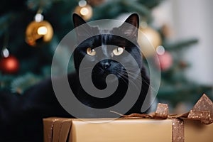 Black feline with large gift box on Christmas tree background close up.