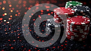 A black felt surface with poker chips scattered around the outside edge of the frame. On a dark black background. T