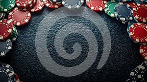A black felt surface with poker chips scattered around the outside edge of the frame. On a dark black background. T