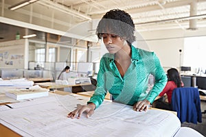 Black female architect studying plans in open plan office