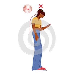 Black Female Character Hunched Over Their Phone With A Curved Neck, Experiencing Discomfort And Neck Pain