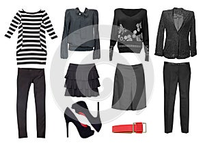 Black female clothes set. Collage of women clothing isolated.