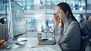 Black Female Corporate Office Worker Feels Stress, Frustration Works on Desktop Computer. Accounta