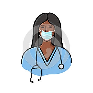 Black female doctor in uniform wearing surgical mask illustration