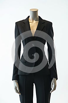 Black female formal suit made up of jacket and trousers on a mannequin.