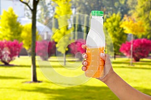 Black female hand hold orange juice bottle on blurred park background, healthy lifestyle concept