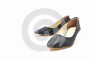 Black female high heeled leather shoes on white background