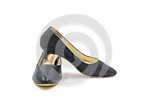 Black female high heeled leather shoes on white background