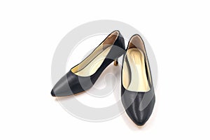 Black female high heeled leather shoes on white background