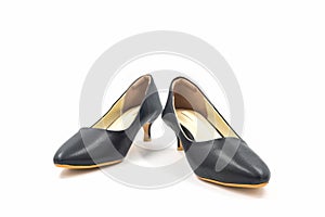 Black female high heeled leather shoes on white background