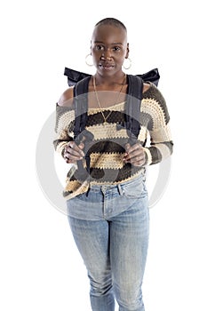 Black Female Hiker Wearing a Back Pack on a White Background