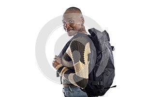 Black Female Hiker Wearing a Back Pack on a White Background