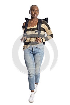 Black Female Hiker Wearing a Back Pack on a White Background