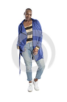 Black Female Model Wearing Blue Jacket for Spring or Fall Fashion