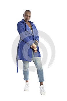 Black Female Model Wearing Blue Jacket for Spring or Fall Fashion