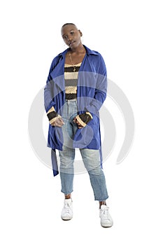 Black Female Model Wearing Blue Jacket for Spring or Fall Fashion