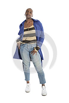 Black Female Model Wearing Blue Jacket for Spring or Fall Fashion