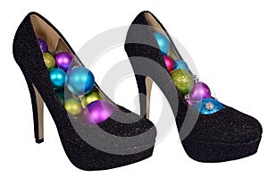 Black female shoes with Christmas colored balls