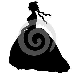 Black female silhouette in ball gone. Bride romantic illustration. Young model, profile