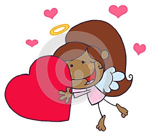 Black female stick cupid holding a heart