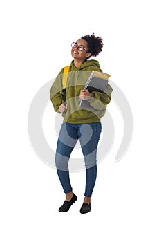 Black female student isolated on white