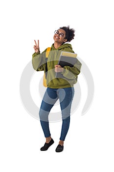 Black female student isolated on white