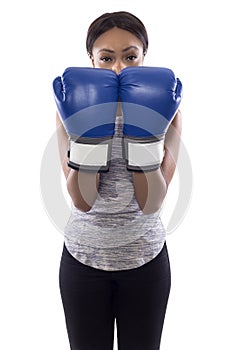 Black Female Wearing Boxing Gloves Blocking