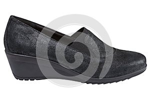 Black female wedge-soled shoes, on a white background, suede material