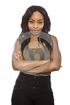 Black Female on a White Background Confident Gesture