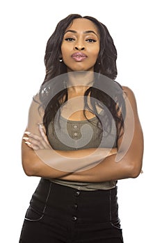 Black Female on a White Background Confident Gesture