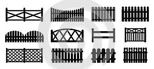 Black fence silhouettes. Fences and backyard gates. Isolated different fencing for house or ground protection. Farm