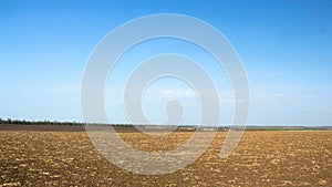 Black fertile soil on a sprinkled spring field. Landscape