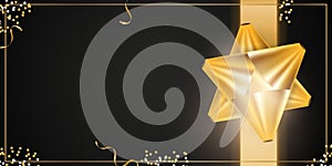 Black festive background with gold bow or bow and confetti. Vector.