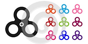 Black Fidget spinner icon isolated on white background. Stress relieving toy. Trendy hand spinner. Set icons colorful