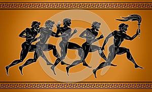 Black-figured sport runners with the torch. Illustration in the ancient Greek style. The concept of the sport Games.