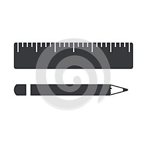Black filled ruler and pencil vector icon isolated on white transparent background.