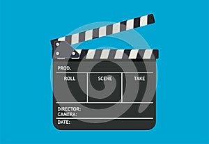 Black film clapper board slate. Flat style vector illustration isolated on blue background.