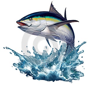 Black fin tuna jumping out of the water.