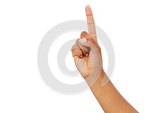 Black finger point isolated white background. afro american hand. Mock up, copy space