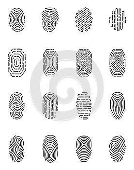 Black finger print set isolated on white background. Elements of identification systems, security conception, apps icons