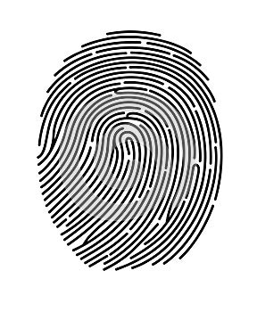Black fingerprint shape, secure identification. Vector illustration.