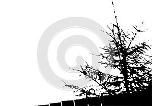 Black fir tree and fence silhouette. Card with copy space. Isolated on white background. Vector nature illustration