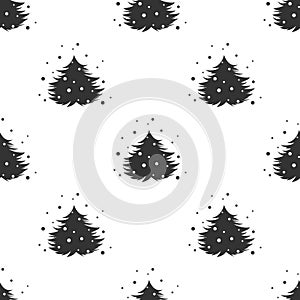 Black fir-trees with snow on white background. Forest blizzard. seamless winter pattern with spruce