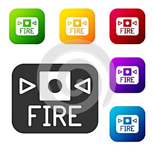 Black Fire alarm system icon isolated on white background. Pull danger fire safety box. Set icons in color square