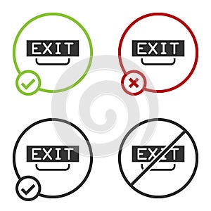 Black Fire exit icon isolated on white background. Fire emergency icon. Circle button. Vector