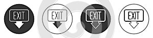 Black Fire exit icon isolated on white background. Fire emergency icon. Circle button. Vector