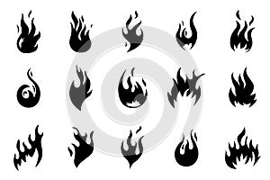 Black fire icons. Flames shapes. Heat fires silhouettes. Isolated hot blaze, bonfire logo. Warning heat and flammable
