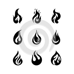 Black fire silhouettes. Simple outline fire flames, ignite and fiery explosion signs. Campfire isolated on white background icons