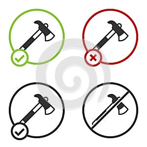 Black Firefighter axe icon isolated on white background. Fire axe. Circle button. Vector