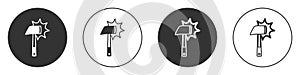 Black Firefighter axe icon isolated on white background. Fire axe. Circle button. Vector